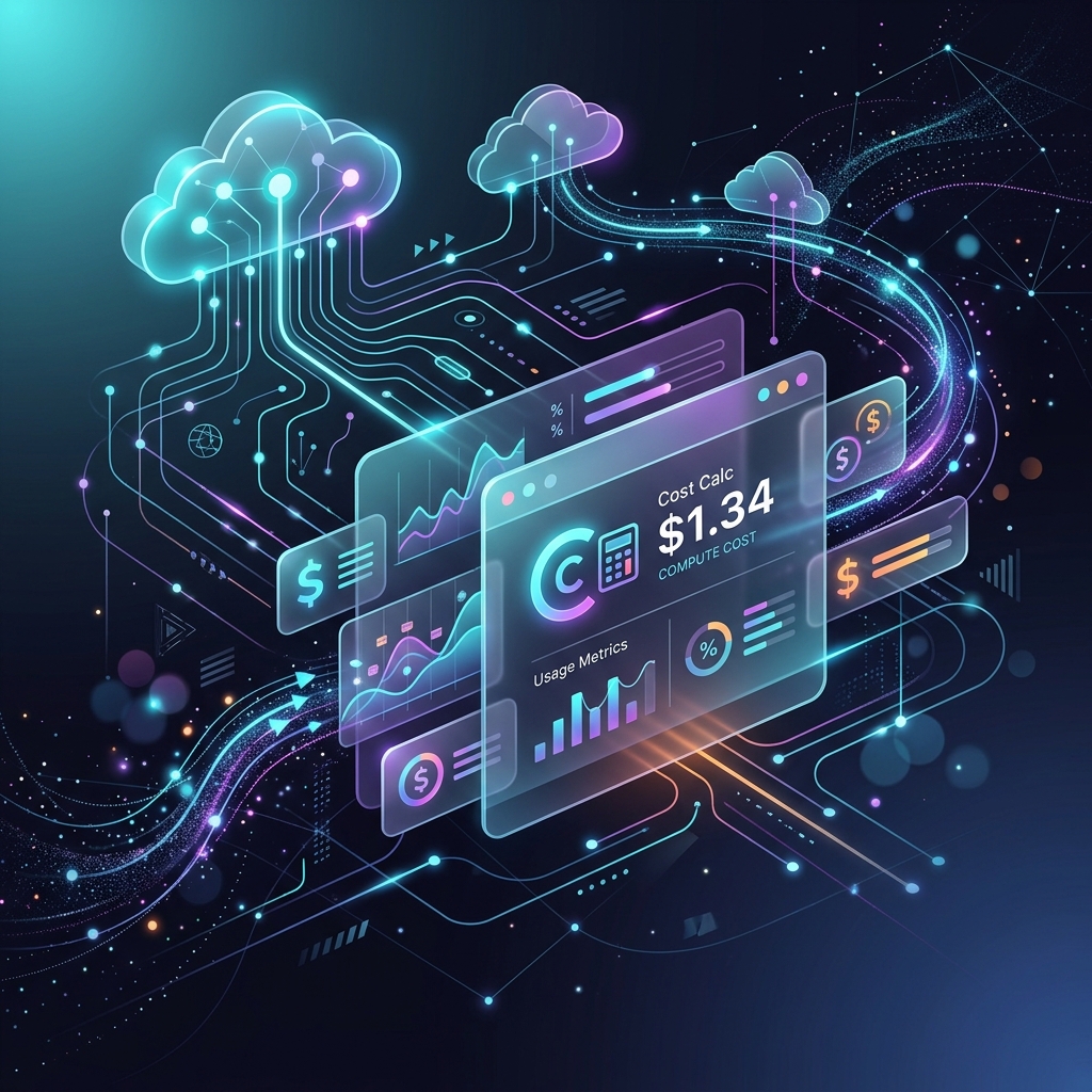 Illustration of cloud infrastructure with servers and pricing dashboards